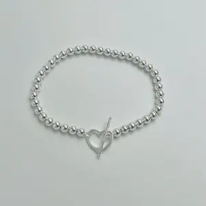 Pulsera de Balines Lisos con Broche de Corazon Size 7” 1/2 Plata 925 - Elegante Joyeria para Mujer
