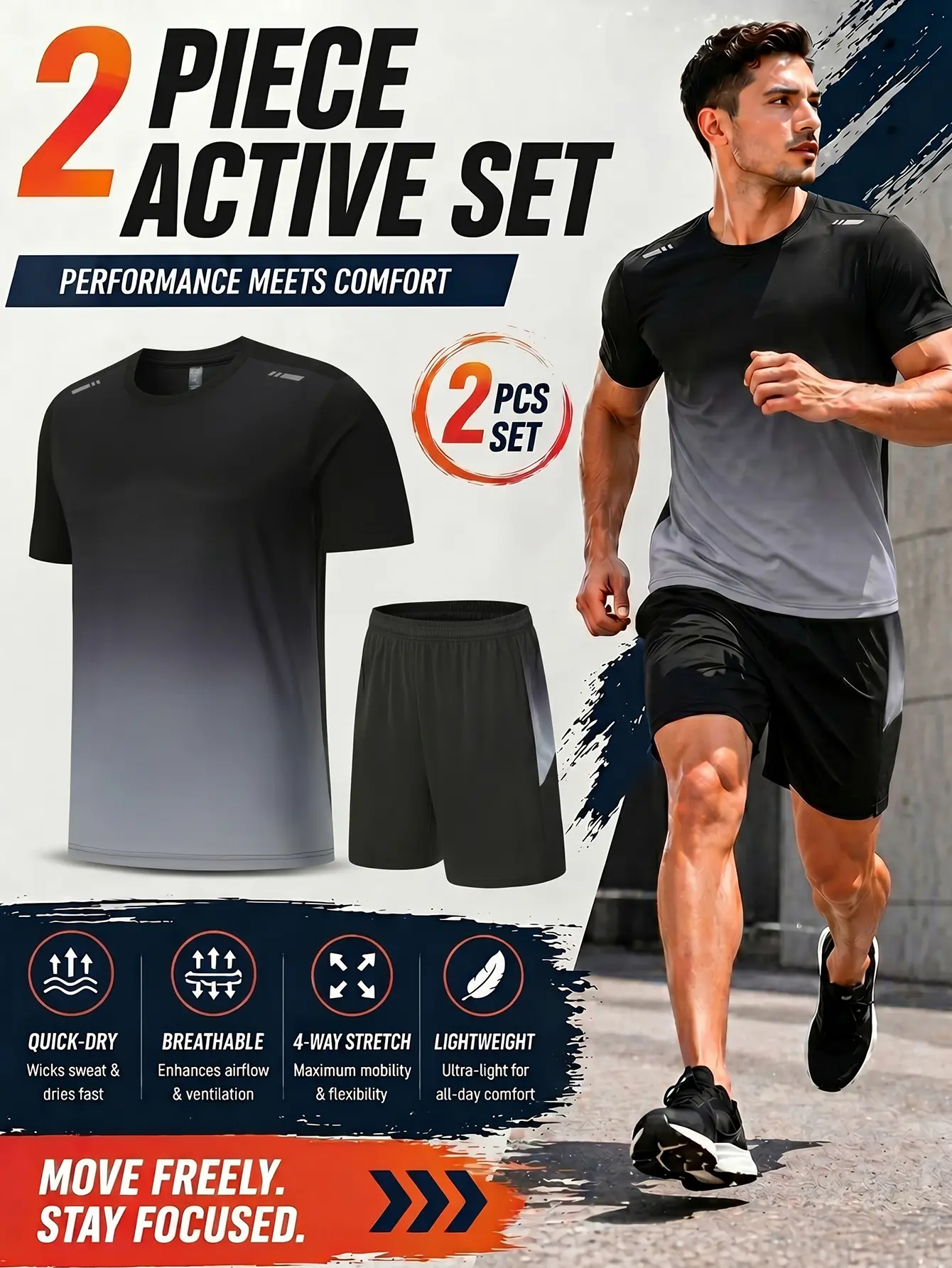 Men's 2-Piece Active Workout Set - Ombre Gradient Short Sleeve Gym T-Shirt & Loose Running Shorts Bundle, Lightweight Quick-Dry 4-Way Stretch Athletic Tracksuit