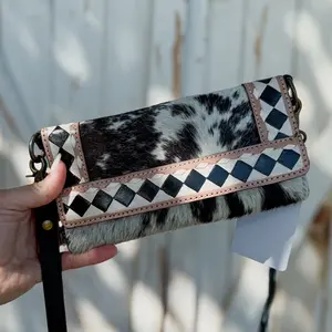 Speed Check Diamond Clutch Black and White Cowhide Leather Checkered Convertible Clutch with Detachable Crossbody Strap and Hand Strap Full Grain Leather Western Wallet 9” x 4.25”