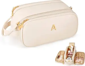 Gifts for Women Teen Girls Large Capacity Initial Travel Makeup Bag, 3-Compartment Cosmetic Organizer with Clear Brush Holders, Large Opening Waterproof Toiletry Bag