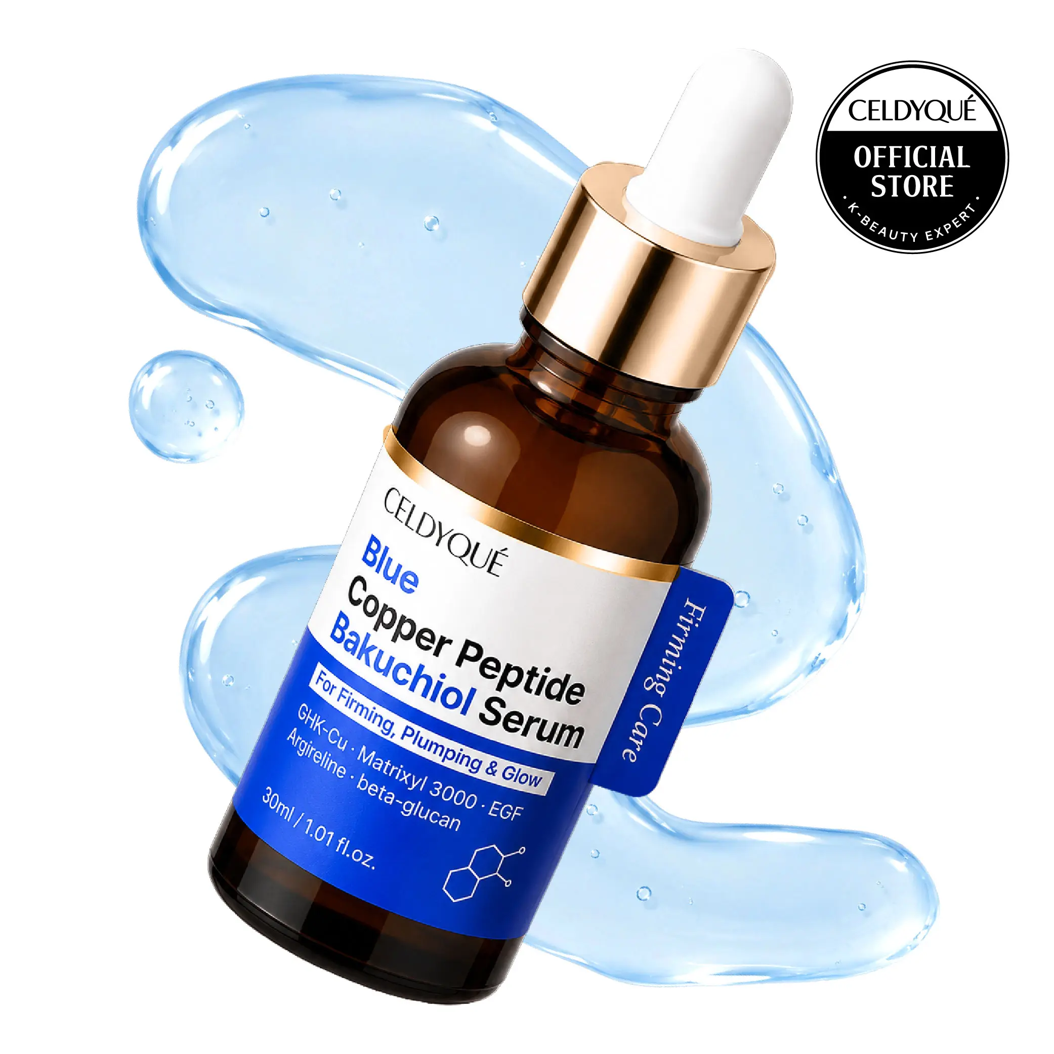 [CELDYQUE] Korean Lightweight Blue Copper Peptide Serum - Gentle Daily & Evening Treatment for Smile Lines, Firmer-Looking Skin - With Bakuchiol, GHK-Cu, Matrixyl 3000, 12-Peptide Complex, 1 fl oz, Hyaluronic