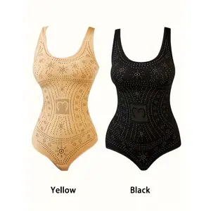2pcs Seamless Shapewear Bodysuits - 100% Polyamide Knit Fabric, Polka Dot Pattern, Tummy Control & Butt Lift Design for Casual Wear and Sports, Yellow & Black, Casual Shapewear |   Seamless Design |   Smooth Silhouette, Gym Clothes