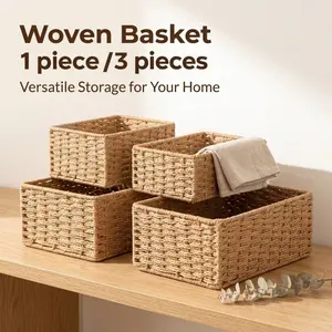 1/3-piece rectangular handwoven storage basket set, stackable storage boxes of various sizes, suitable for home, bedroom, bathroom, wardrobe, and other clutter storage.