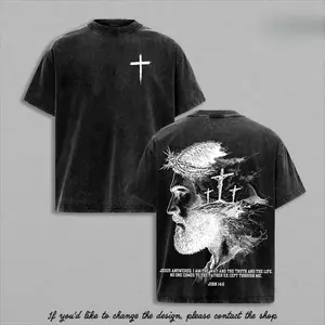 John 14:6 Vintage Washed Oversized Christian T-Shirt, Jesus Portrait Faith Graphic Tee, Heavy Cotton Dark Scripture Streetwear Top, Unisex Retro Worship Shirt for Believers