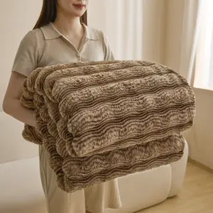 Warm Soft Faux Rabbit Fur Blanket, Cozy Sofa Blanket for Naps, Office, Outdoor Camping, All-Season Striped Gift Blanket, Winter Blanket