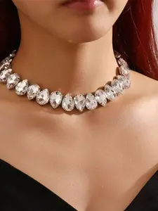 Silver Color Crystal Water Drop Necklace, Tiktok Best-Selling American Style Silver Color Crystal Choker Necklaces for Women