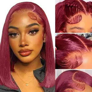 Bob Wig Human Hair 13x4 HD Lace Frontal Short Straight Lace Front Bob Wigs for Black Women Human Hair Pre Plucked Glueless Side Part 180% Density Wine Red 99J Burgundy Color 12 Inch