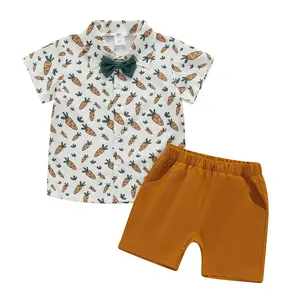Canrulo Toddler Boy Easter Outfits Carrot Print Short Sleeve Button Down Shirt Top Shorts Set Gentleman Suit