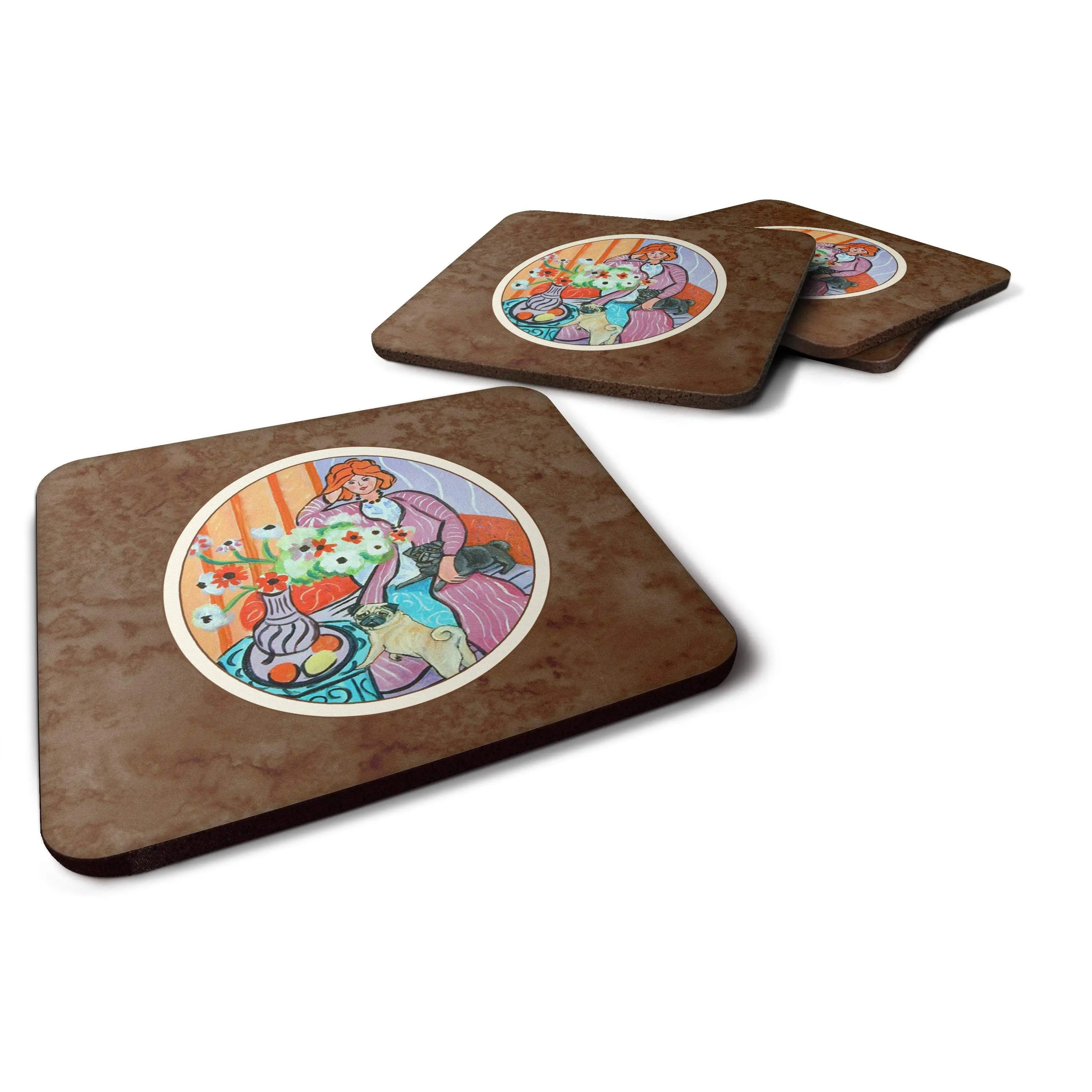 Lady and Her Pug Foam Coaster Set, 4-Piece Kitchen Tableware (7266FC)