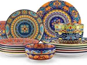 vancasso 18-Piece Dinnerware Sets,Ceramic Plates and Bowls Sets Service for 6, Bohemian Style Porcelain Dishes Set for 6, Microwave and Dishwasher Safe, Scratch Resistant,Non Toxic, Series KRVI