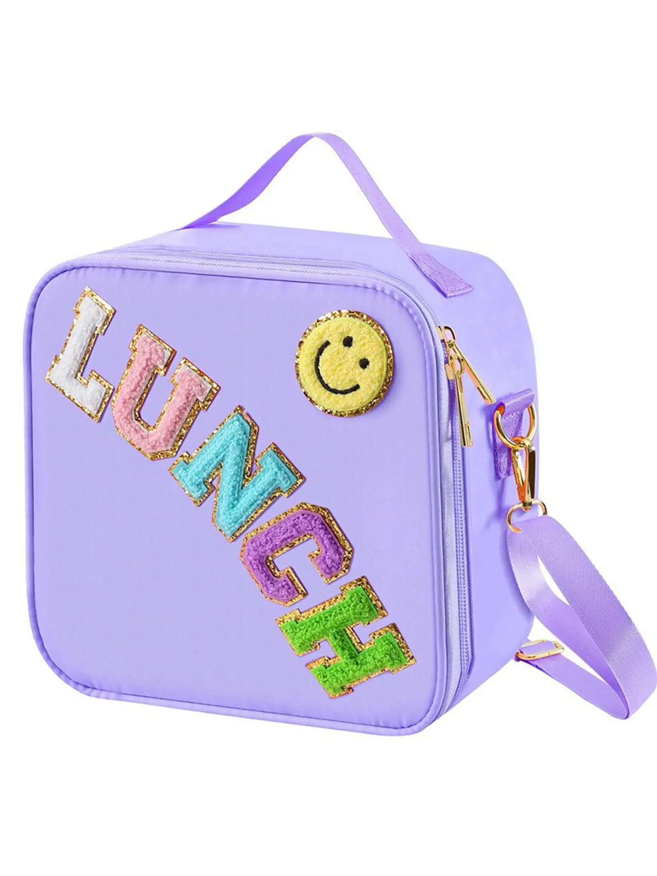 Cute Bling Letter Pattern Lunch Bag with Adjustable Strap, Casual Insulated Lunch Bag for School & Travel, Lunch Box for Kids & Adults