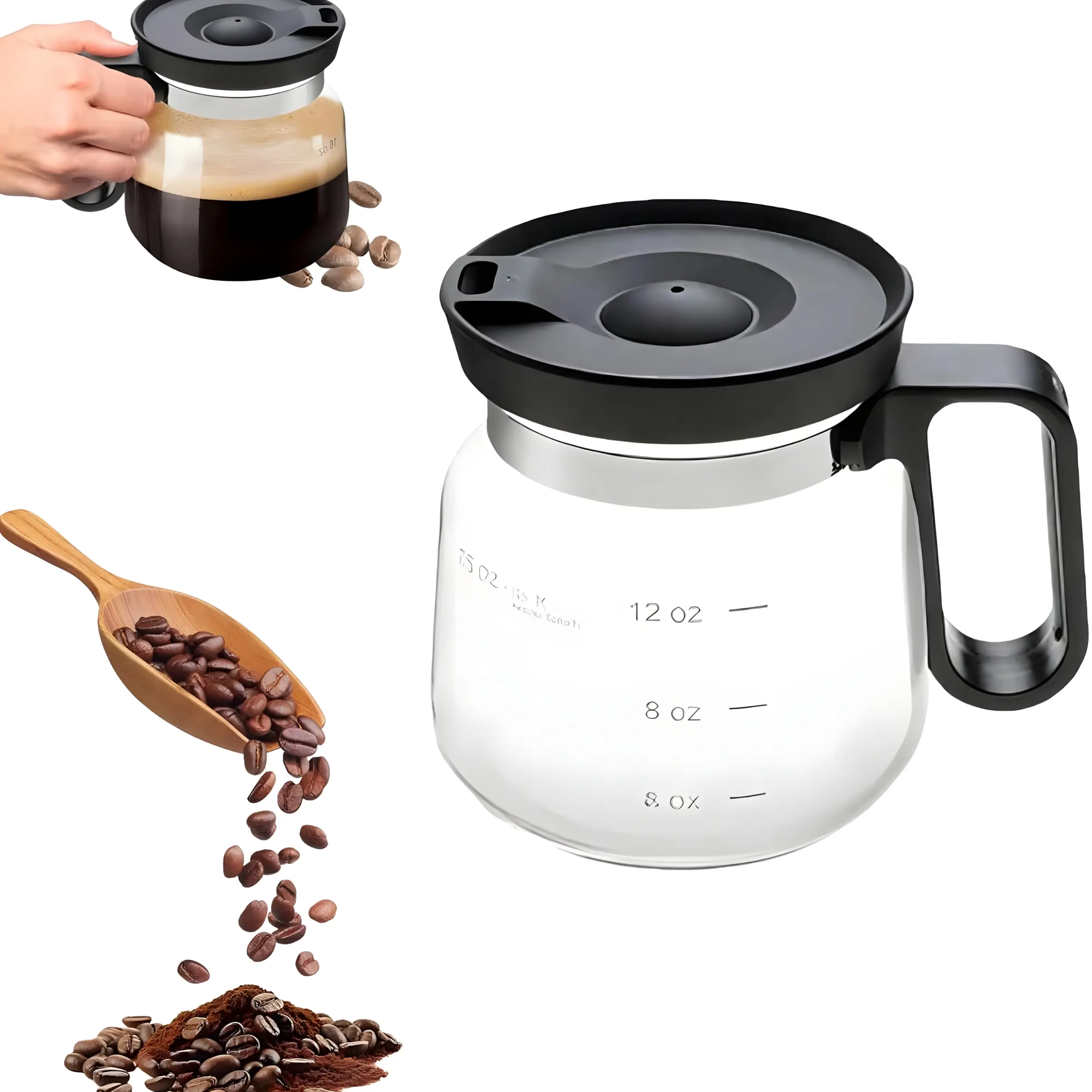 Small Size Cute Coffee Pot Shaped Coffee Mug 4" Tall x 3.75" Wide 16 Oz Clear Glass with Lid Ergonomic Handle for Coffee Lovers and Drinkers Gift Idea Coffee Cup with Lid Glass Coffee Mugs