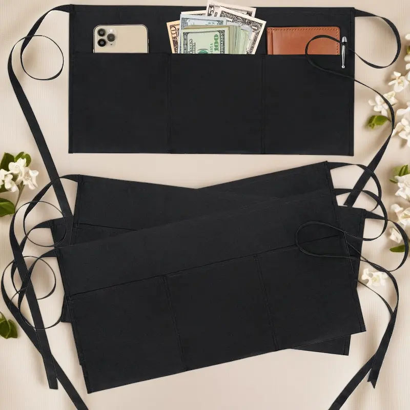 4-Pack Waitress Aprons with 3 Pockets, Black Server Waist Aprons, Short Half Waist Aprons for Waiters & Servers
