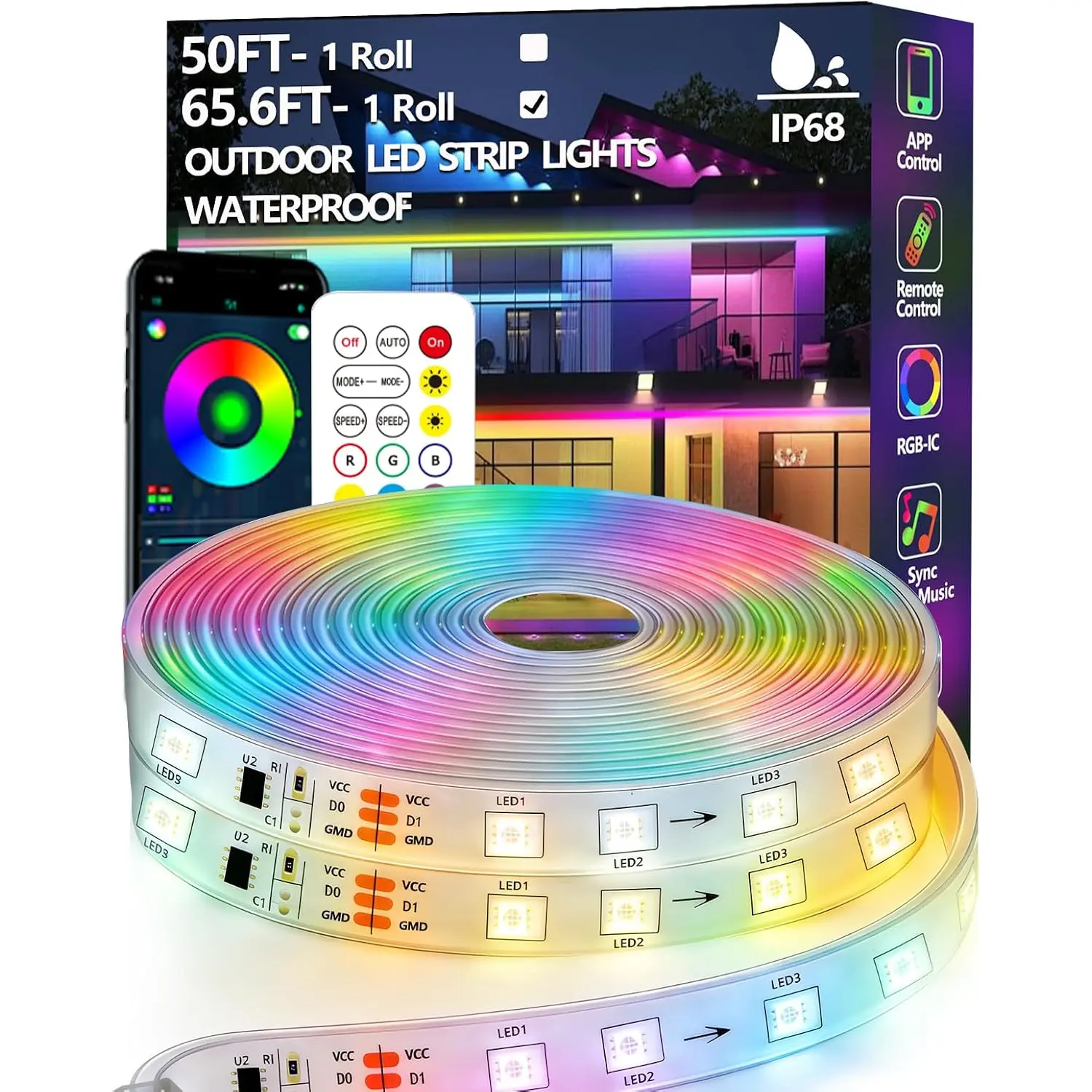 65.6FT Outdoor LED Strip Light Waterproof,IP68 Outside RGB+IC Light Strip with App/Remote Control,Chase Mode,Music Sync Light for Balcony,Deck,Rooftop,Garden,Pool