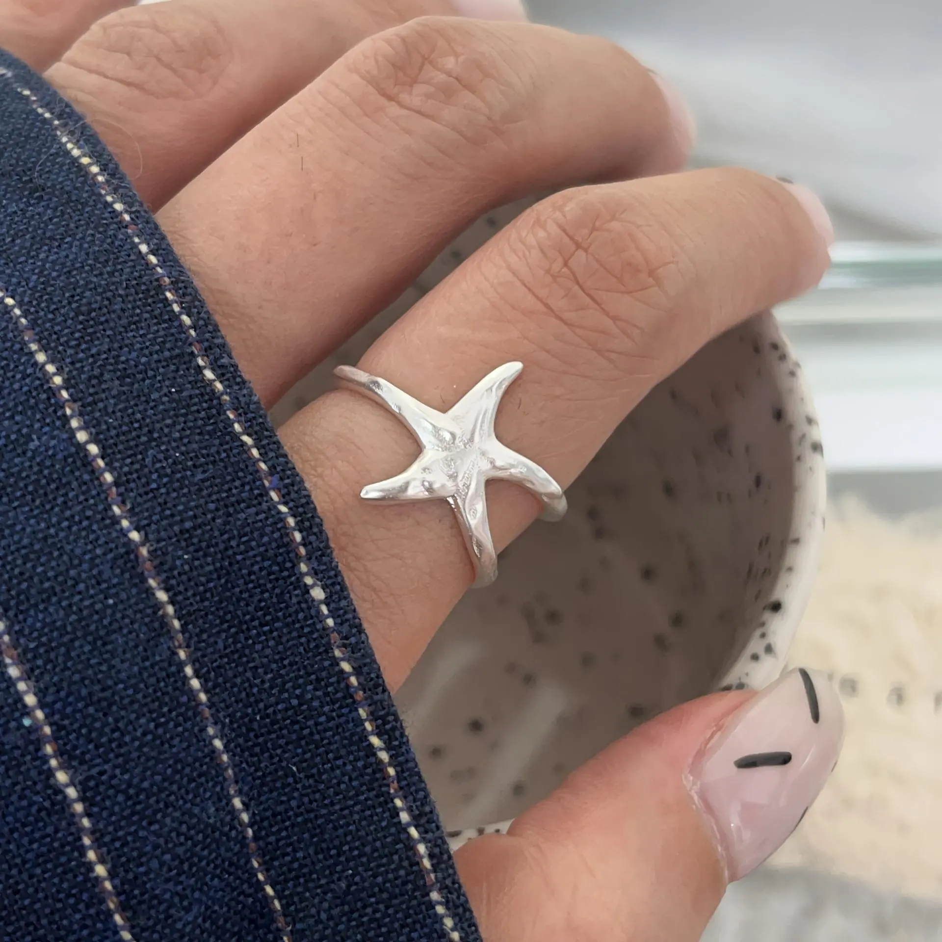 Minimalist Ocean-Themed Starfish Open Ring, Popular Trendy Seaside Vacation Jewelry, Engagement Ring for Gifting to Family, Engagement Rings