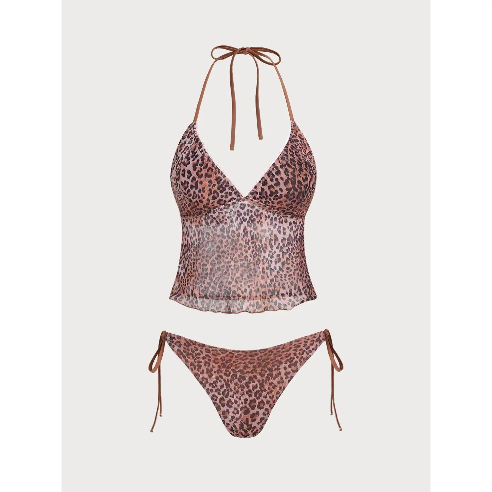 SAMIOL Brown Leopard Print Mesh Tankini Set Fashion Ruffle Hem Tankini Set Adjustable Shoulder Straps Slim Fit Tummy Control Elastic Swim Shorts Skin Friendly Breathable Summer Seaside Resort Swim Costume, Bathing Suits, Swimsuits