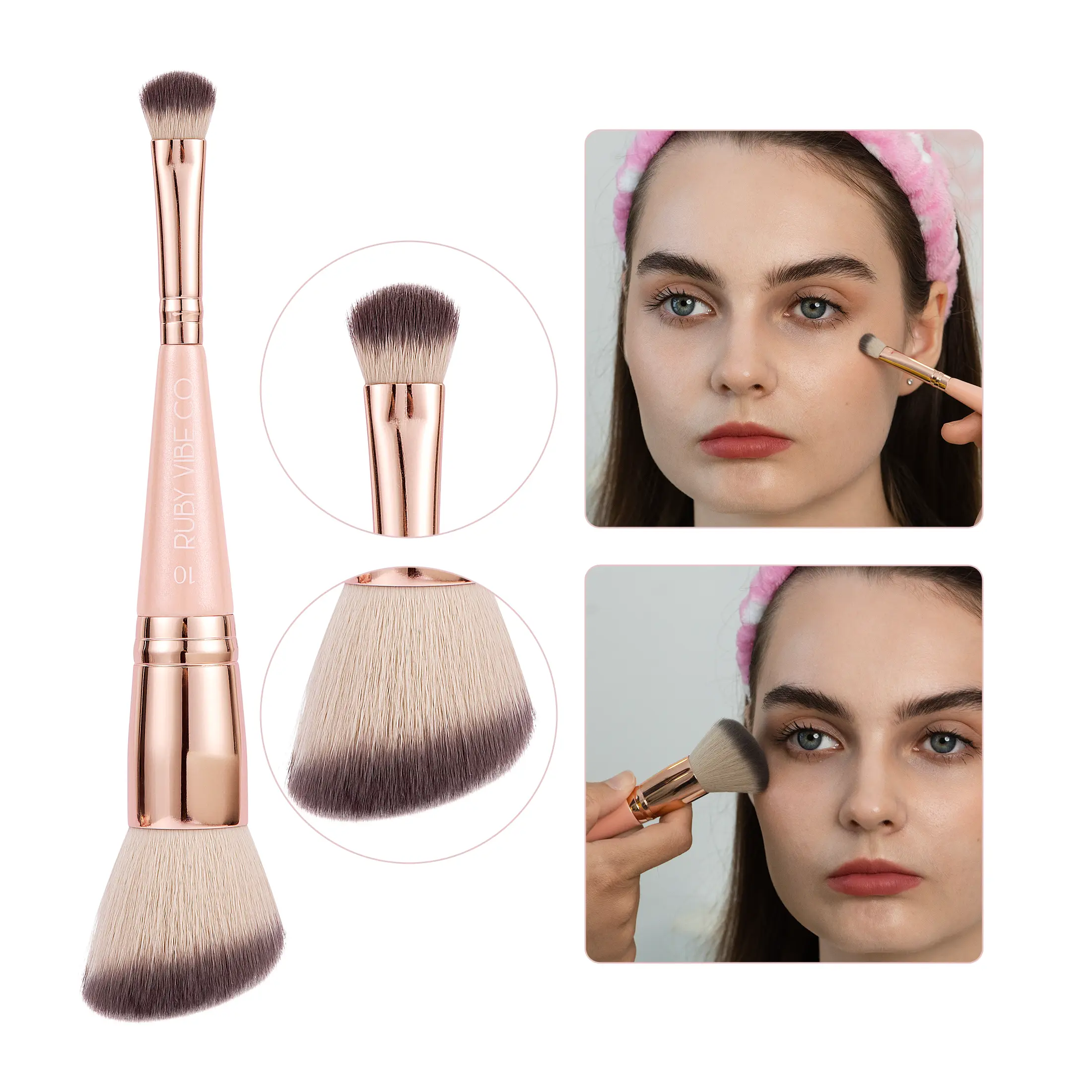 RUBY VIBE CO Dual-Ended Foundation & Concealer Brush, Angled Foundation Brush for Liquid Makeup, Precision Concealer Brush Under Eye, Soft Synthetic Bristles, Pink Wooden Handle