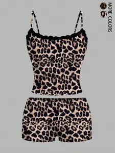 2pcs Casual Leopard Print Lace Camisole And Shorts Set For Women, Perfect for Daily Wear, Home Use, Stylish and Comfortable
