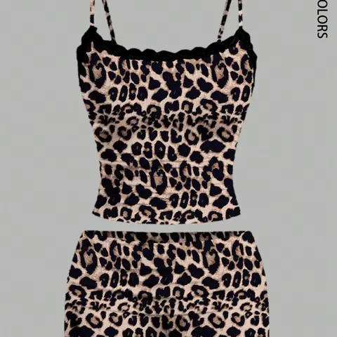 2pcs Casual Leopard Print Lace Crop Top Camisole And Shorts Set For Women, Perfect for Daily Wear, Home Use, Stylish and Comfortable