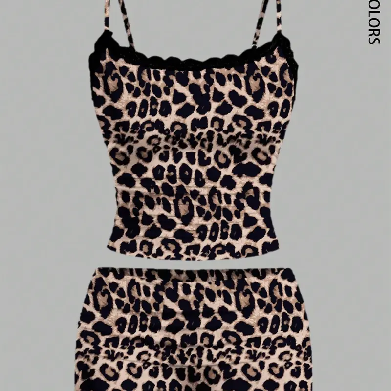 2pcs Casual Leopard Print Lace Crop Top Camisole And Shorts Set For Women, Perfect for Daily Wear, Home Use, Stylish and Comfortable