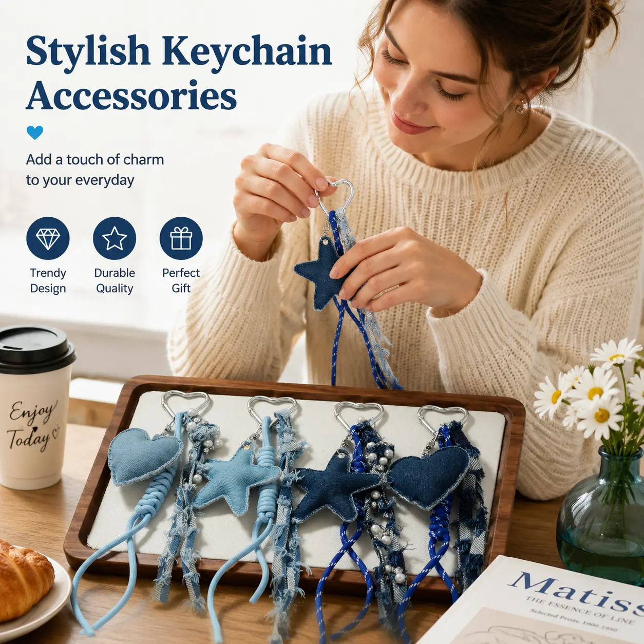 Denim Star Heart Keychain Charm, Frayed Fabric Tassel With Imitation Pearl, Hand‑Woven Rope Bag Pendant, Y2K Aesthetic Accessory Suitable For Handbag Decoration, Daily Key Hanging, Backpack Ornament And Holiday Gift‑giving