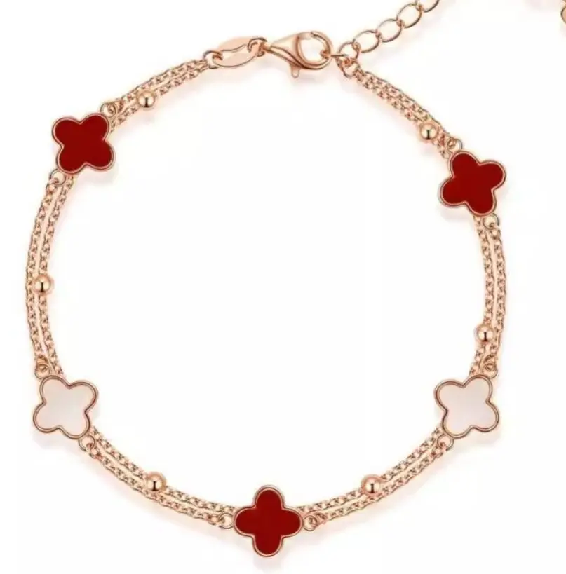 Women Double Layer Lucky Clover Bracelet, Black & White Contrast Four‑Leaf Clover Charm Bracelet, Adjustable Rose Gold Plated Chain Jewelry