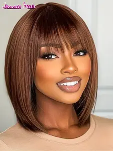 2*3 Lace Bob Wig Women's Human Hair Wig Thick Eyebrow Brown Burgundy Straight Hair Bob Human Hair Wig With Bangs Ready-to-wear Wig Multifunctional Wig Quick Hairstyle Change Natural Style High Density Wig Glueless Bob Wig