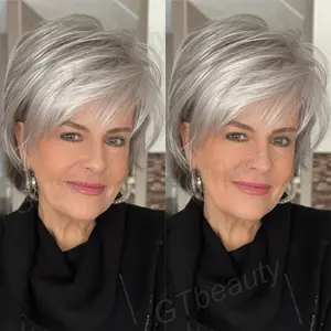 2025 Wholesale Arrivals ArrivalsWomen's Brazilian Remy Human Hair Wig - Short Straight Layered Grey Hair with 150% Density, 6 Inch Natural Looking Glueless Wig for Daily Wear & Parties, Rose Net Cap for Comfort & Full Head Coverage (Suitfor All Light Beig