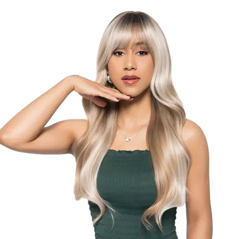 'BROWN SUGAR BLONDIE' 23-Inch Blonde Two-tone Blend Balayage (Medium Natural Ash Light Ash Blonde Blend, Dimensional Color, Dark Scorched Roots) Subtle Layer Butterfly Cut Synthetic Wig | 【Heat Resistant】 【Cap Included】 | #54FSGA