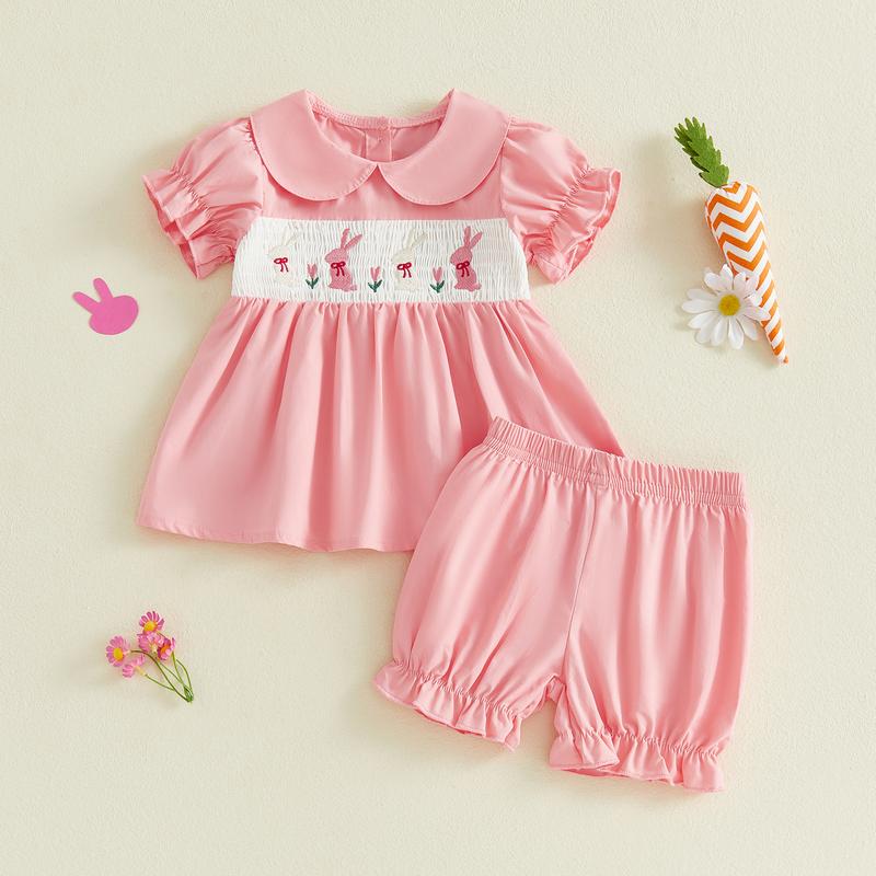 Toddler Baby Little Girls Easter Outfit Short Sleeve Smocked Embroidery Rabbit T-shirt with Elastic Waist Shorts Outfit 3M-3Y