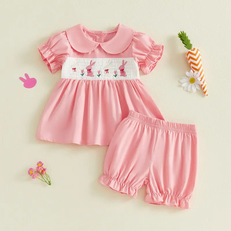 Toddler Baby Little Girls Easter Outfit Short Sleeve Smocked Embroidery Rabbit T-shirt with Elastic Waist Shorts Outfit 3M-3Y