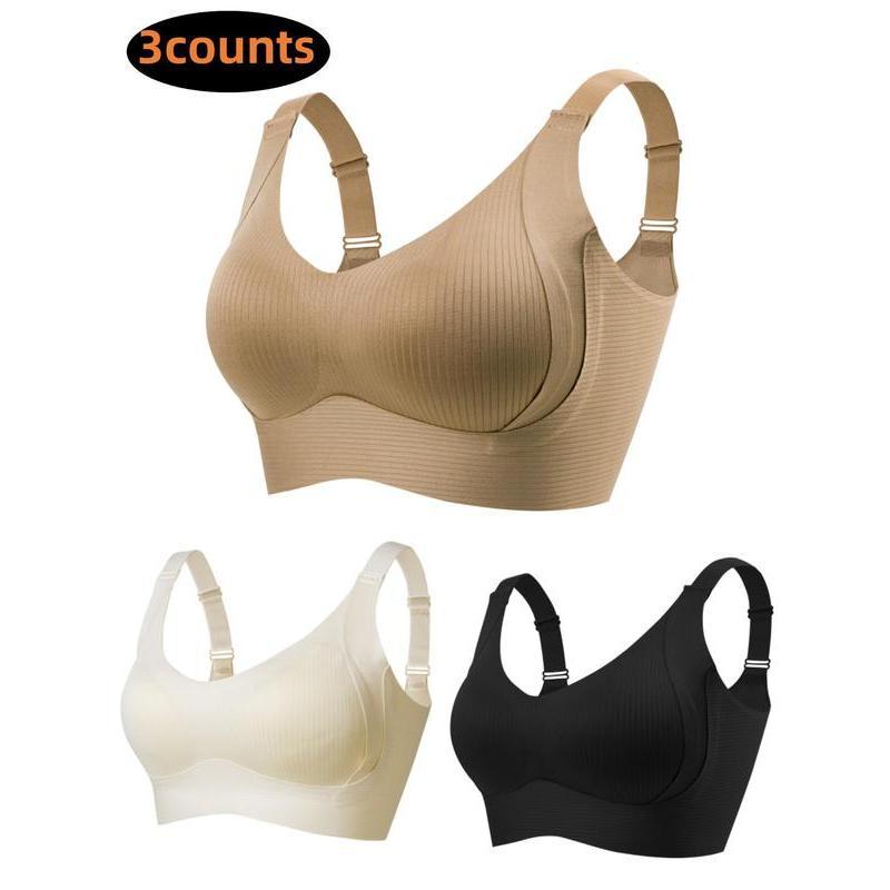 Women's 3-Pack Seamless Wireless Push Up Bra, Adjustable Supportive Solid Ribbed Bra, Soft Comfortable Breathable Lingerie with 4 Hooks, Perfect for Daily Wear, All Seasons Comfortable Intimates for Women