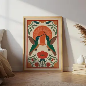 Scandinavian HummingBird Wall Art, Hummingbird Folk Art Print, Nature Folk Print, Scandinavian Decor