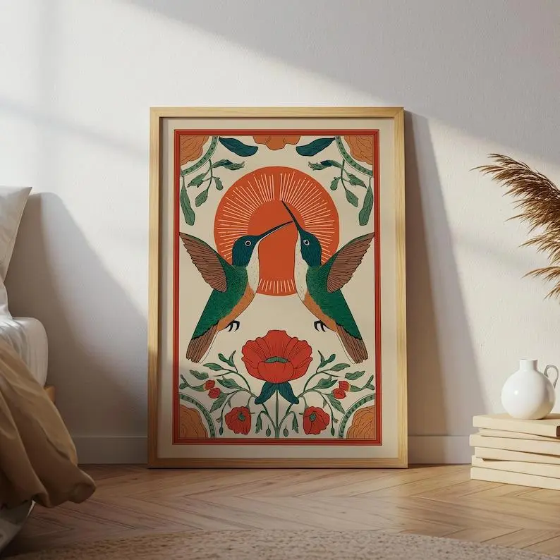 Scandinavian Hummingbird White Border Paper Bird Wall Art Print - 11x17 Creative Design Print, Trendy Home Decor for Modern Spaces