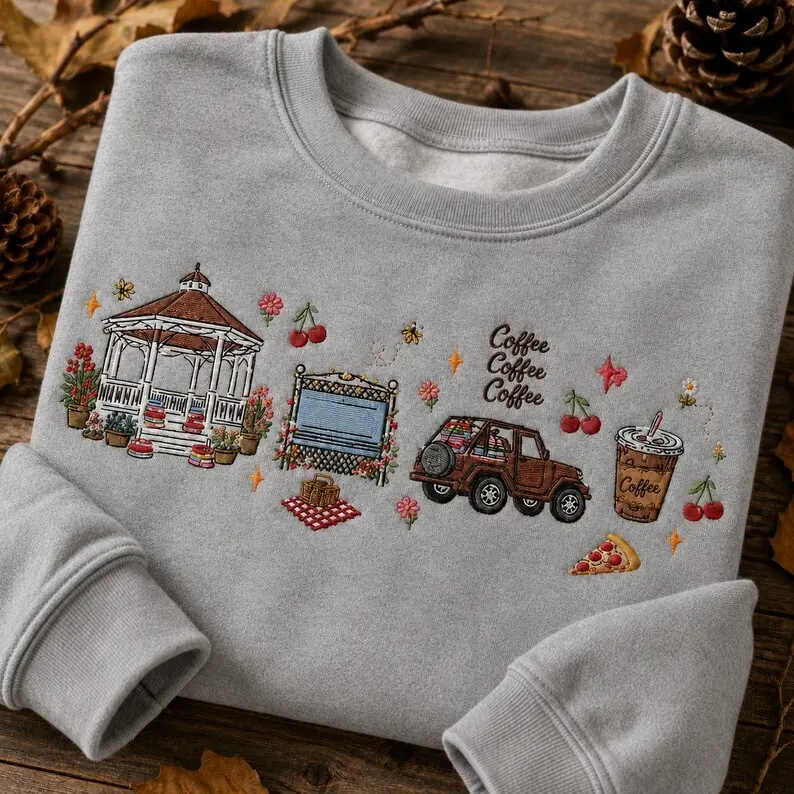 Embroidered Outdoor Adventure Sweatshirt, T-shirt, And Hoodie, Heather, Cotton Apparel With Gazebo, Jeep, Picnic, And Coffee Graphic, Comfortable Casual Clothing For Nature Lovers