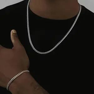 2pcs Hip Hop Stainless Steel Chain, Punk Fashion Necklace Bracelet Set for Men