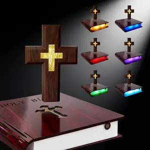 MAGECMOON Magnetic Levitation Wood Grain Laser Cross Bible Verse LED Light Floating Jesus Holy Spirit Decoration Religious Ornaments  Mother's Day Holiday Gift