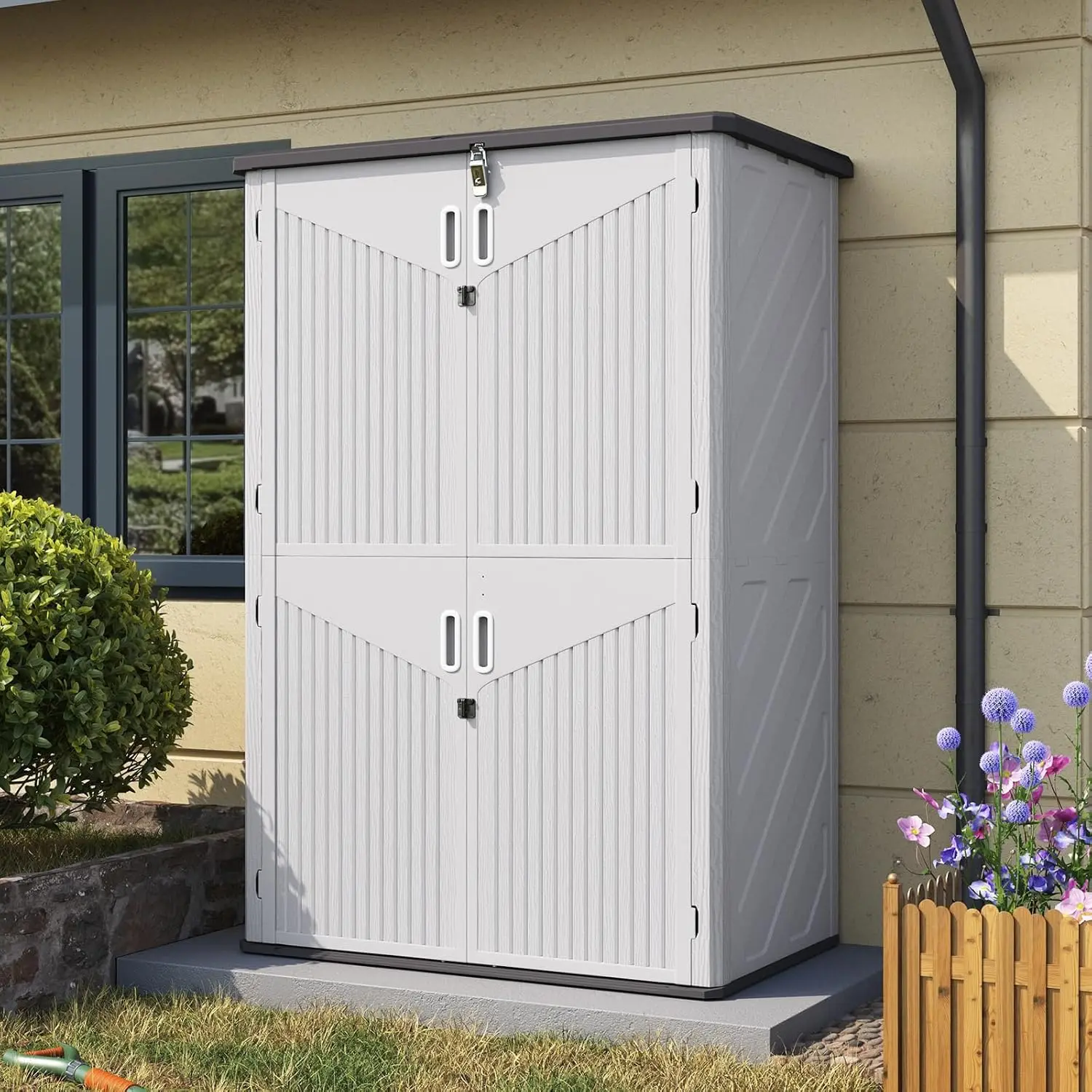 Aoxun 1800L Vertical Outdoor Plastic Storage Shed - 133×76×191cm, Lockable Double-Door Waterproof Garden Shed with Floor, Easy-to-Use Organizer for Trash Bins, Lawn Mower (Patio & Outdoor Trash Bin Storage Solutions)