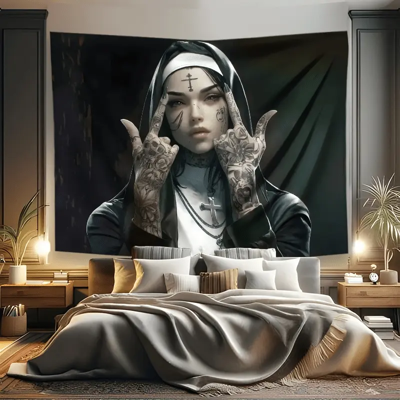 Gothic Nun Art Tapestry Style Crosses Tattooed Nun, Decorative Tapestry, Vintage Room Decor, Home Bedroom Decor, Wall Hanging Tapestry Large Size 91*71" Washable Birthday or Festival Gifts for Men Women Include Free Installation Accessories