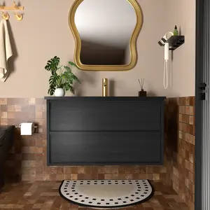 ARCH 30 Inch Wall Mounted Bathroom Vanity Cabinet with Ceramic Sink, Matte Black MDF Floating Fluted Vanity with Drawers, Modern Wall-Hung Bathroom Storage Cabinet for Bathroom Organization, Matte Black Color Options, MDF Material