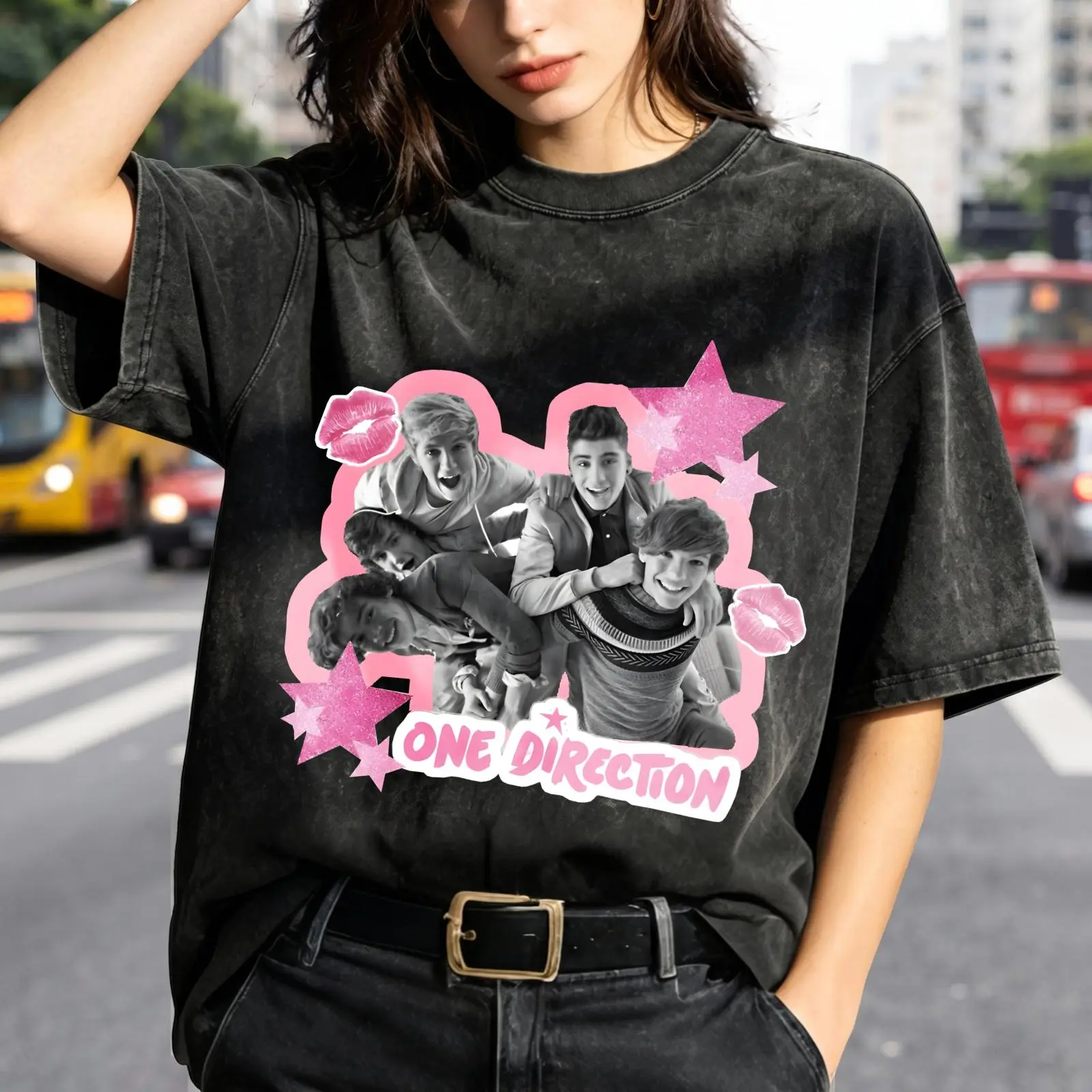 One Direction Print Women's Vintage Washed T-Shirt One Direction Band Photo Print Oversized Graphic Tee Outdoor Casual Short Sleeve
