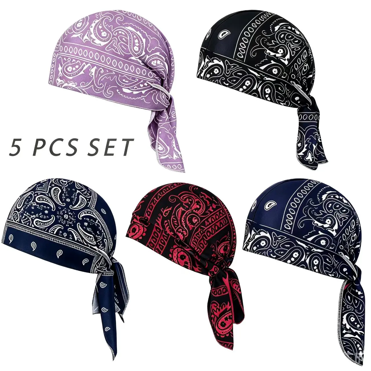 5-Pack Cooling Moisture-Wicking HelmetLiner Caps, Breathable Adjustable StretchyPirate Head Wraps, Paisley Bandana DuragUnisex Motorcycle & Cycling Sweat HeadCover for Men Women ，Holiday gifts