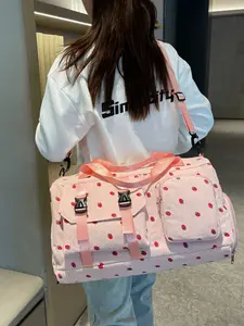 Cute Strawberry Print Large Capacity Lightweight Travel Duffle Bag, Handheld Gym Yoga Bag, Dry Wet Separation Commuter Luggage Organizer