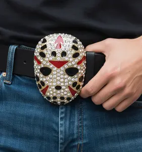 Men's Hip Hop Style Collection Gold / Silver Plated Jason Mask CZ Buckle & Leather Fashion Belt