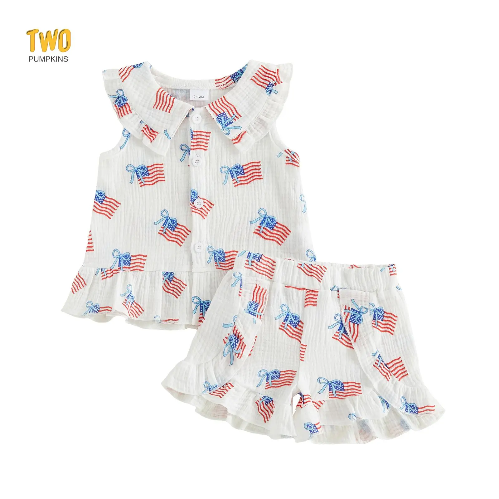 Toddler Baby Girl Patriotic Outfit Cute 4th Of July American Flags Bows Printed Ruffle Tank Tops With Shorts 2pcs Set
