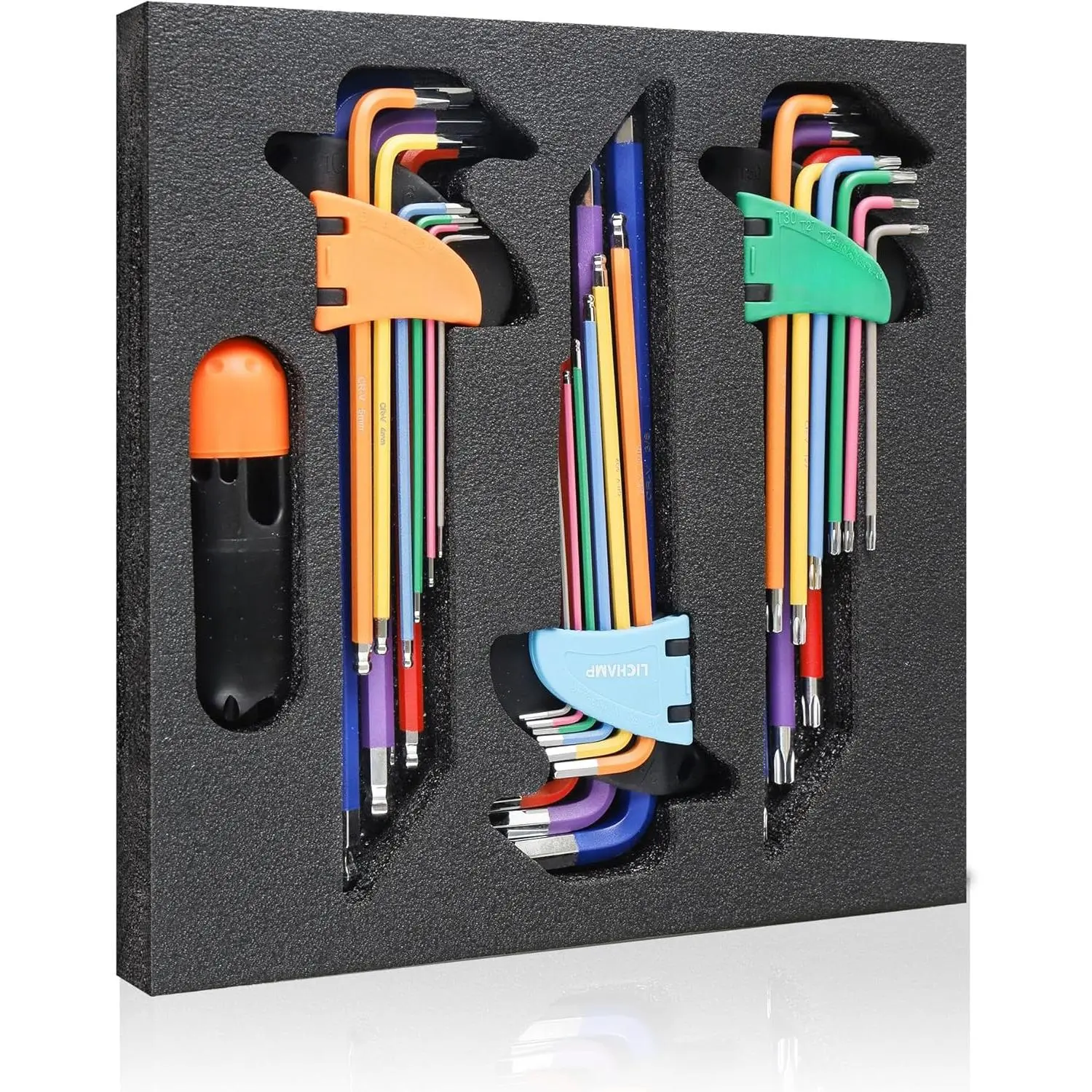 27- Rainbow Colored Long Arm Allen Wrench Set - SAE 1/16 to 3/8 inch, Metric 1.5 to 10mm, Torx T10 to T50