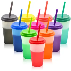 Color-changing cup set (10 pieces) 12-ounce plastic lid with straw cup, reusable, suitable for iced coffee, smoothies - reusable leak-proof children's party cup
