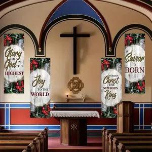 Christmas Church Banners Set of 4, Nativity Scene Polyester Party Signs, Hanging Decorations for Home Farmhouse School Walls, Wall Hanging Backdrop