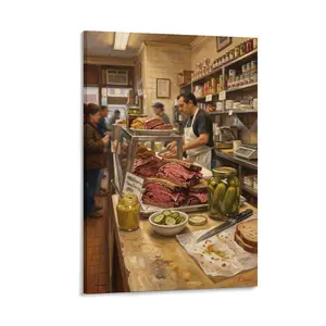 1pc Frameless Realistic Deli Scene Canvas Art, Printed with Sandwiches Pickles Meats, Vibrant Kitchen/Diner/Café Wall Decor, Canvas Artwork
