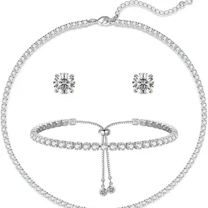 Fiora Tennis Jewelry Set – Non-Tarnish & Hypoallergenic Necklace, Bracelet & Diamond Stud Earrings for Women | Dainty Sparkly Jewelry for Wedding, Prom & Everyday Wear